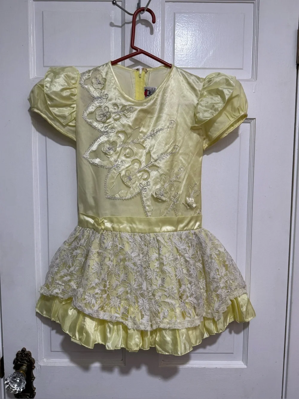 Vintage Girls Yellow Short Sleeve Lace Dress Size 10 Zip Up